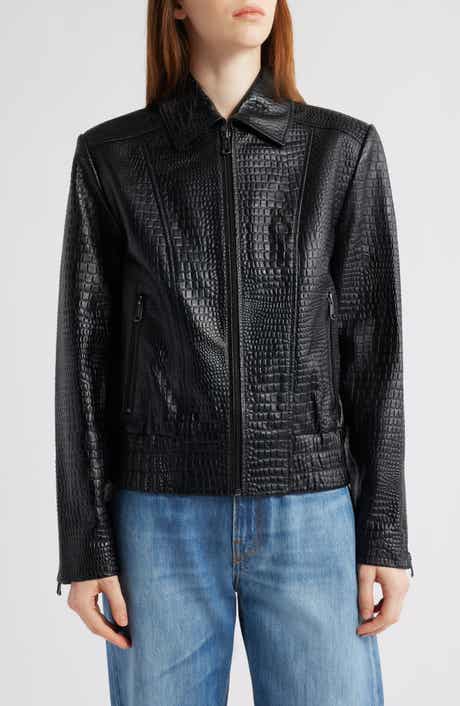 Bernardo Short Croc-Embossed Leather Jacket