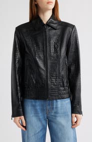 Bernardo Short Croc-Embossed Leather Jacket