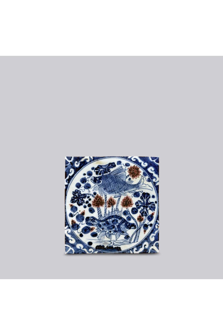Hand Painted Porcelain Blue and Red Fish and Lotus Tile, Main, color, Blue and Red