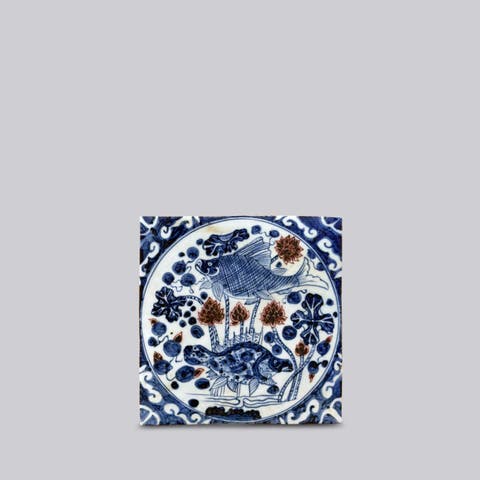 Hand Painted Porcelain Blue and Red Fish and Lotus Tile