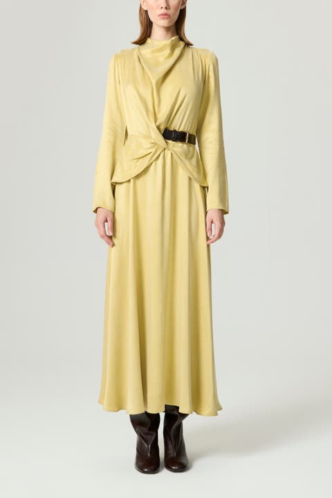 Draped Belted Long-Sleeve Maxi Dress