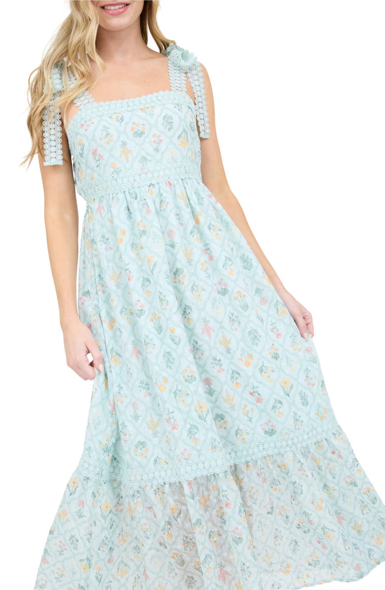 AUGUST SKY Floral Lace Tie Strap Empire Waist Midi Dress, Alternate, color, 