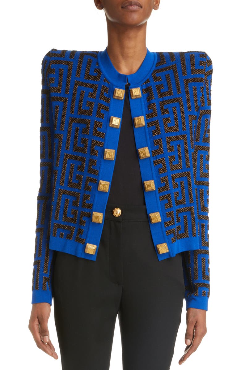 Balmain Pharaon Metallic Monogram Jacquard Sweater Jacket, Main, color,