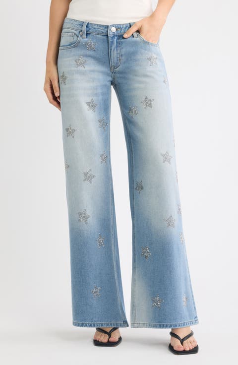 Star Studded Low Rise Wide Leg Jeans
