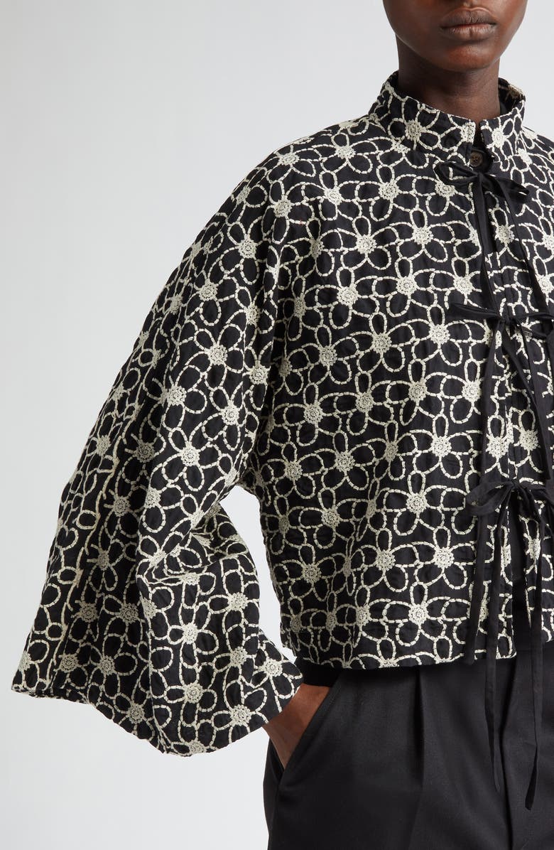 La Vie Style House Flower Embroidered Tie Front Crop Jacket, Alternate, color, 