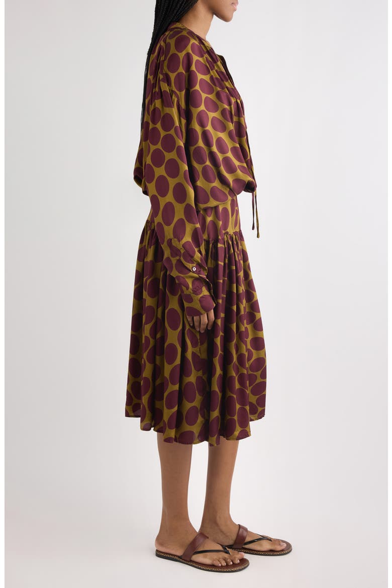 Denvo Fountain of Eggs Print Long Sleeve Twill Midi Dress, Alternate, color, CAMEL