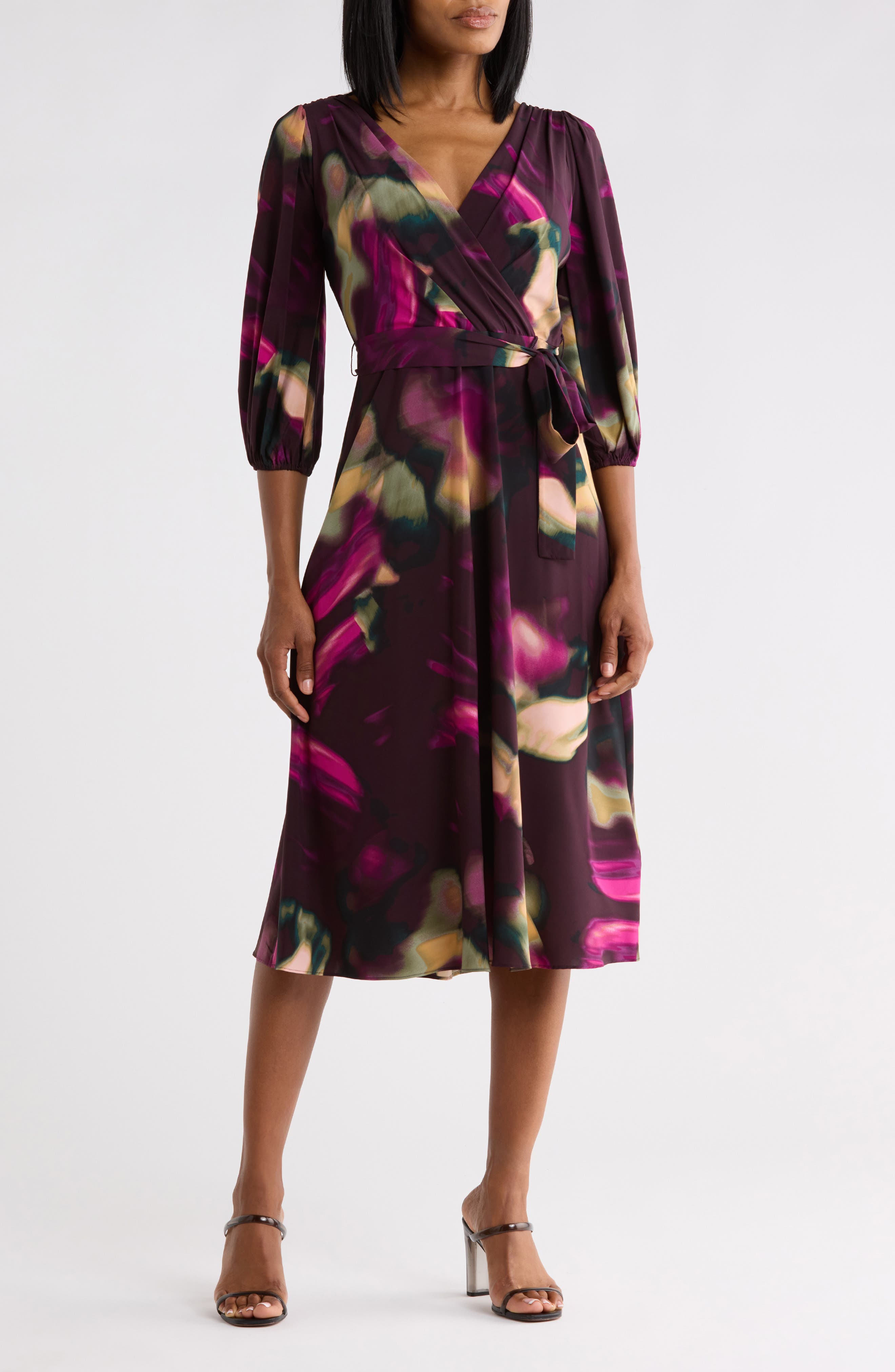 Balloon Sleeve Faux Wrap Dress