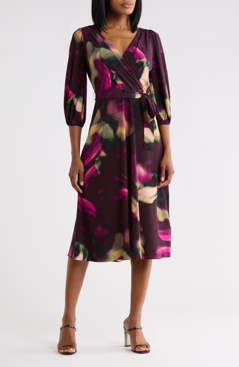 Balloon Sleeve Faux Wrap Dress