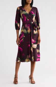Balloon Sleeve Faux Wrap Dress
