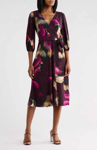 Balloon Sleeve Faux Wrap Dress
