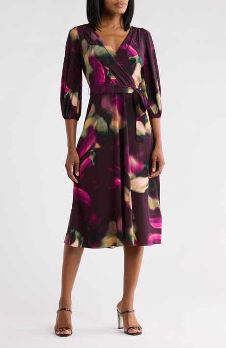Balloon Sleeve Faux Wrap Dress