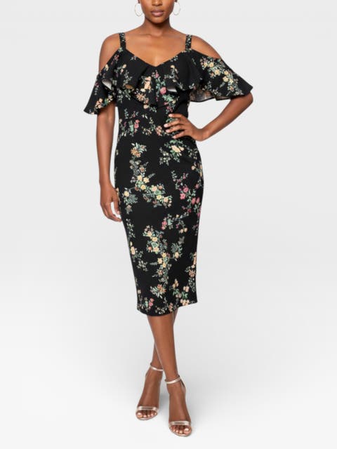 Marcella Printed Off the Shoulder Ruffle Midi Dress