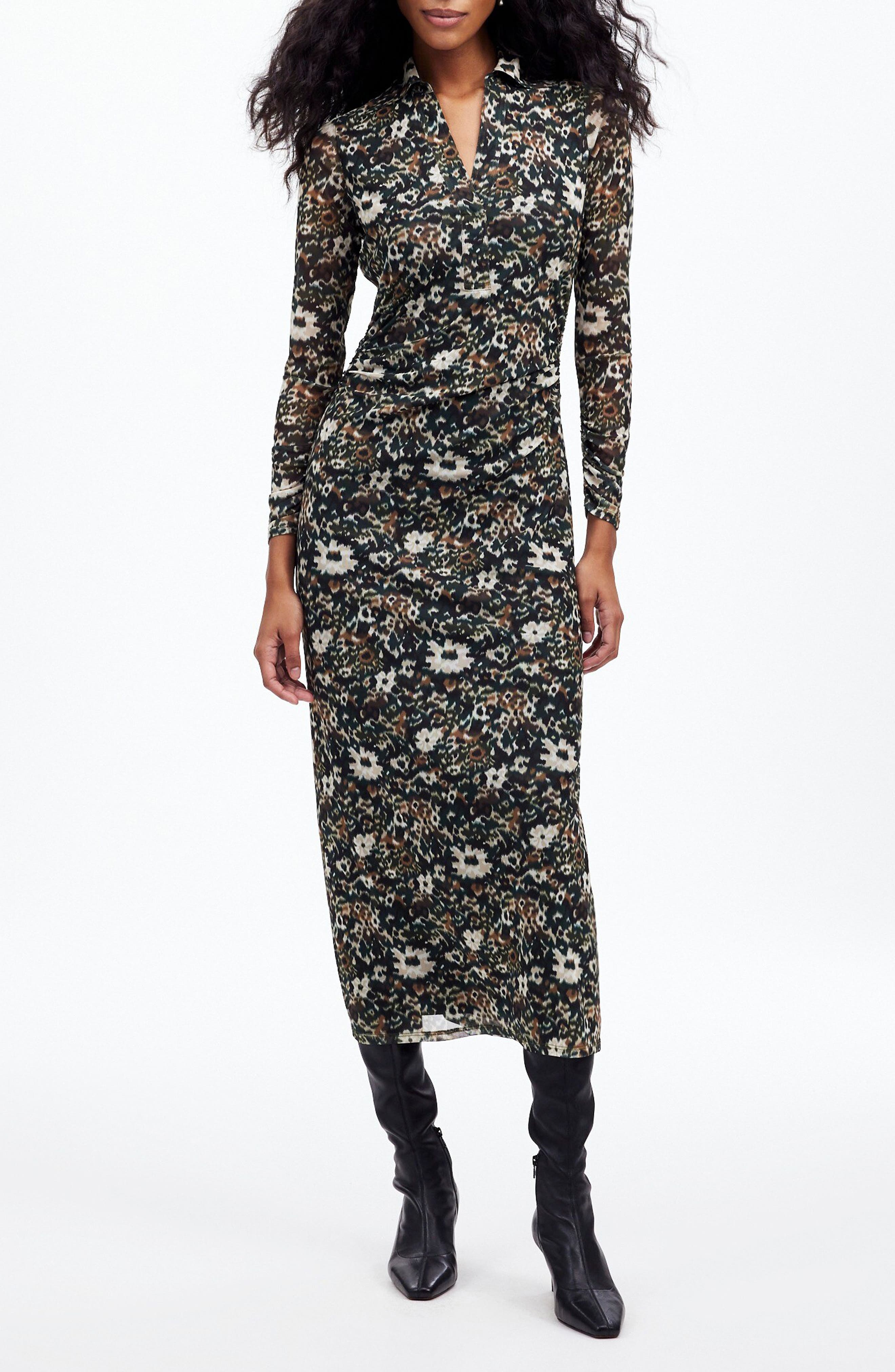 Madewell Floral Long Sleeve Polo Midi Dress