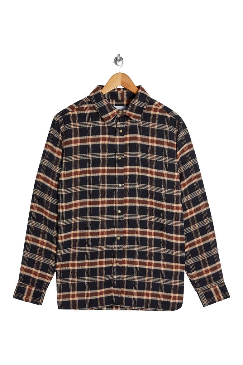 Slim Fit Plaid Brushed Flannel Button-Up Shirt, Alternate, color, NAVY BLUE