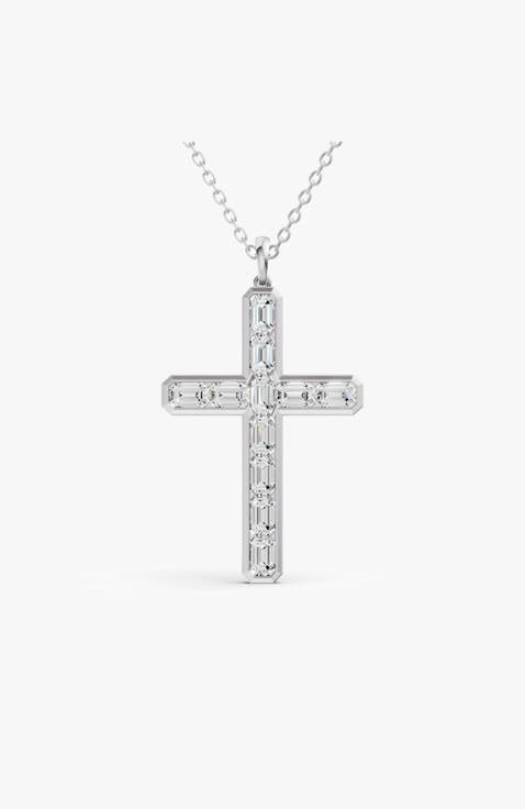 14K Gold 2 ct Sereia Emerald Cross Lab Diamond Pendant