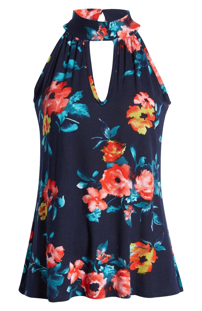 Loveappella Floral Cutout Mock Neck Halter Top, Alternate, color, Navy/ Coral