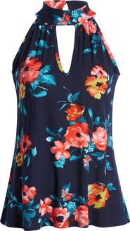 Loveappella Floral Cutout Mock Neck Halter Top