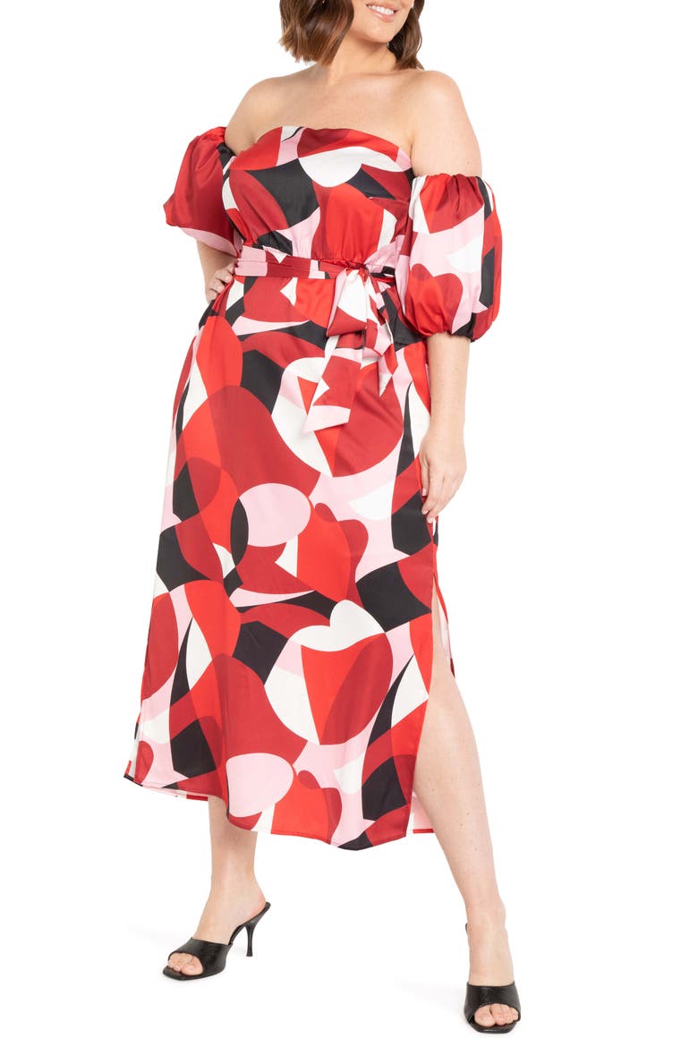 Print Off the Shoulder Midi Dress, Main, color, CURVE BALL