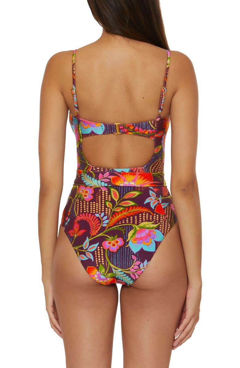 Becca Portofino Belted One-Piece Swimsuit, Alternate, color, Burgundy Multi