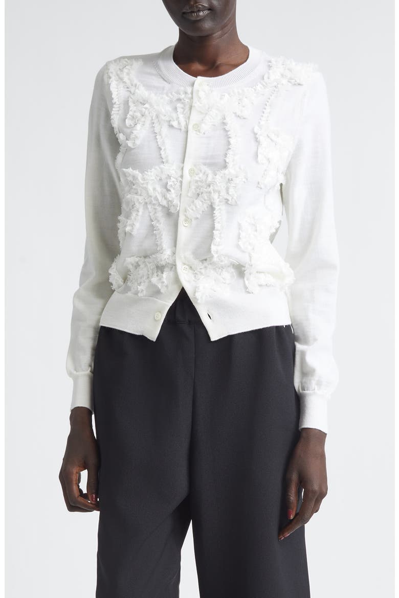 Ribbon Ruffle Wool Cardigan, Main, color, WHITE