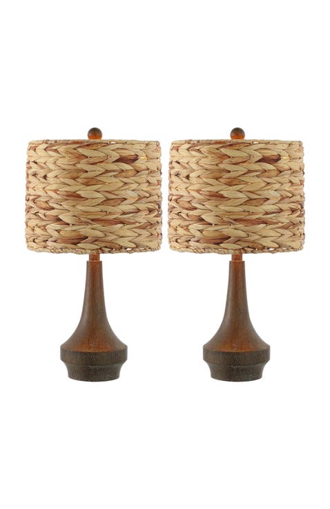 Theodore 21" Rustic Farmhouse Handwoven Water Hyacinth/Resin LED Table Lamp, Brown Wood Finish (Set of 2)