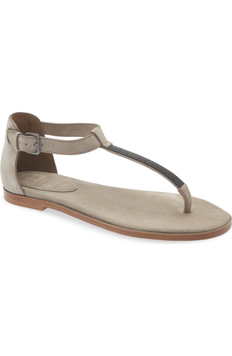 Brunello Cucinelli Monili T-Strap Suede Sandal, Main, color, C5859 Ice