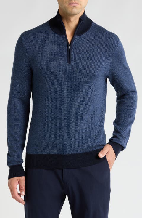 Merino Wool Two-Tone Twill Quarter-Zip Pullover