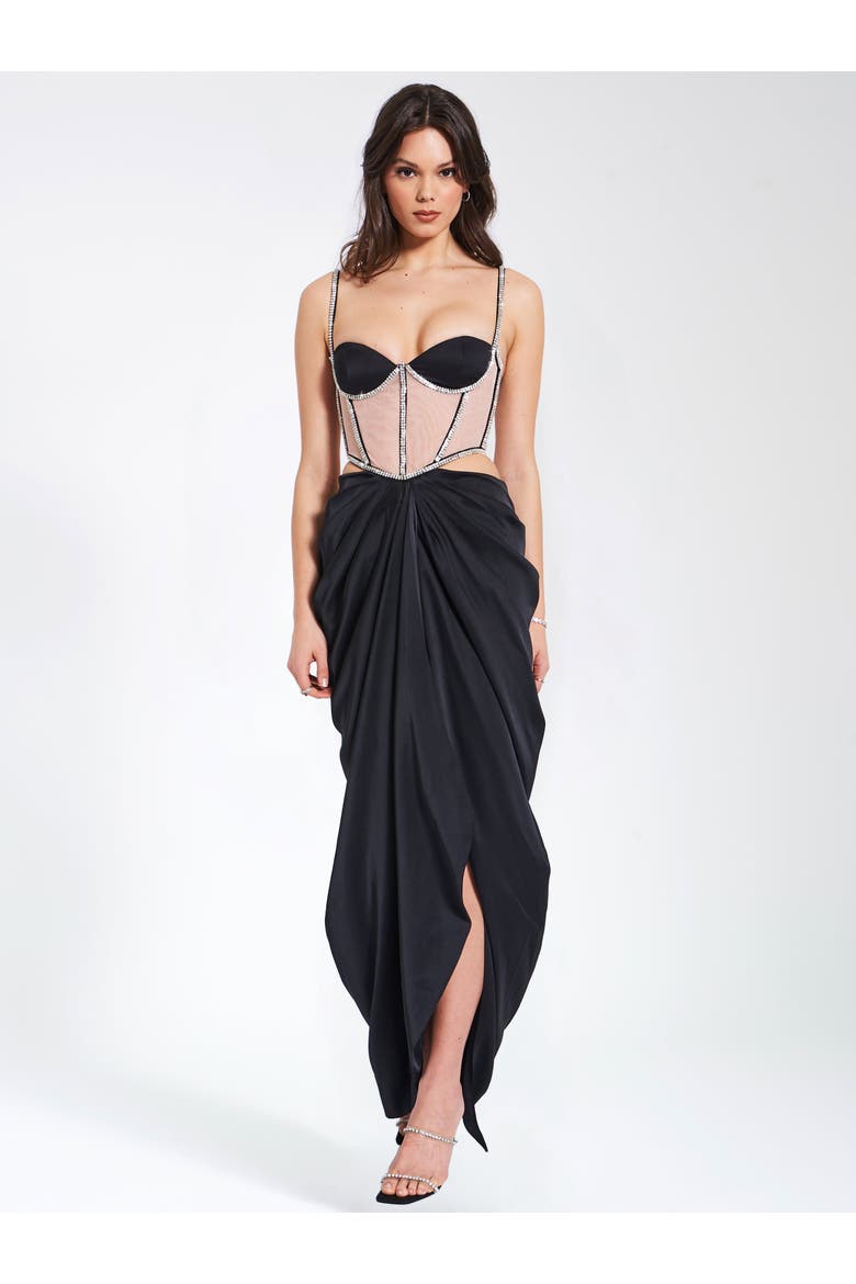 Cadence Satin Corset Evening Gown, Alternate, color, Black