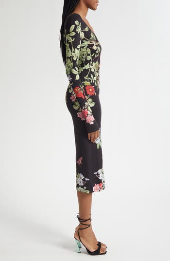 Delora Floral Print Long Sleeve Body-Con Dress