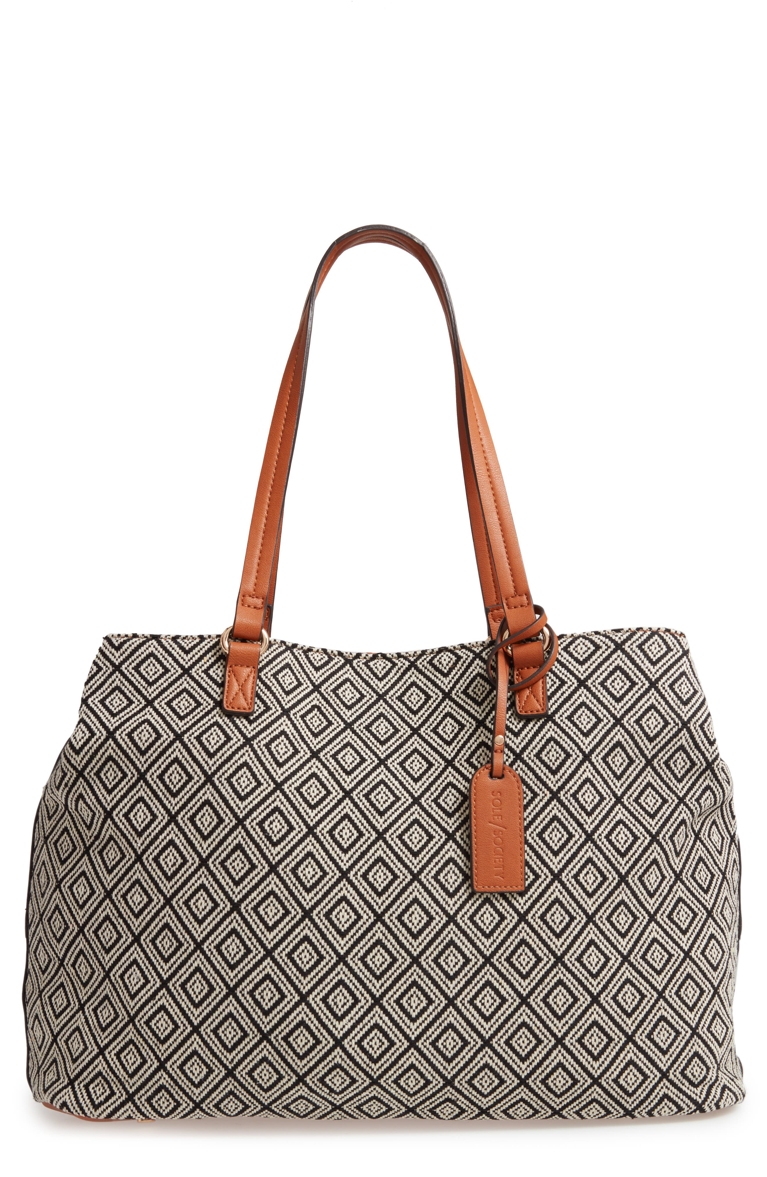 'Oversize Millie' Stripe Print Tote, Alternate, color, BLACK WHITE GEO