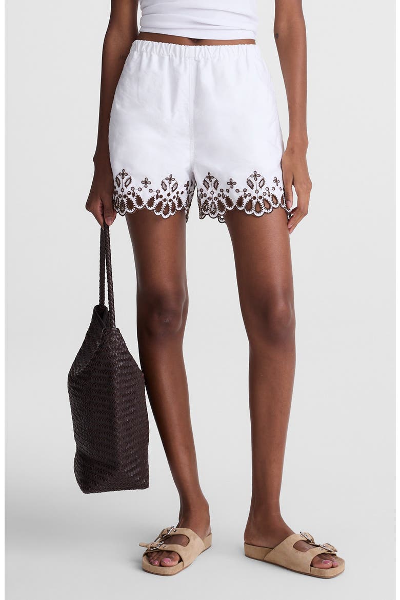 Embroidered Pull-On Poplin Shorts, Main, color, WHITE W BROWN EYELET