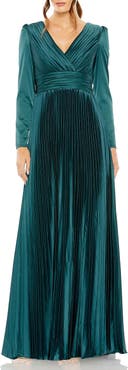 Mac Duggal Long Sleeve Faux Wrap Pleated Satin Gown