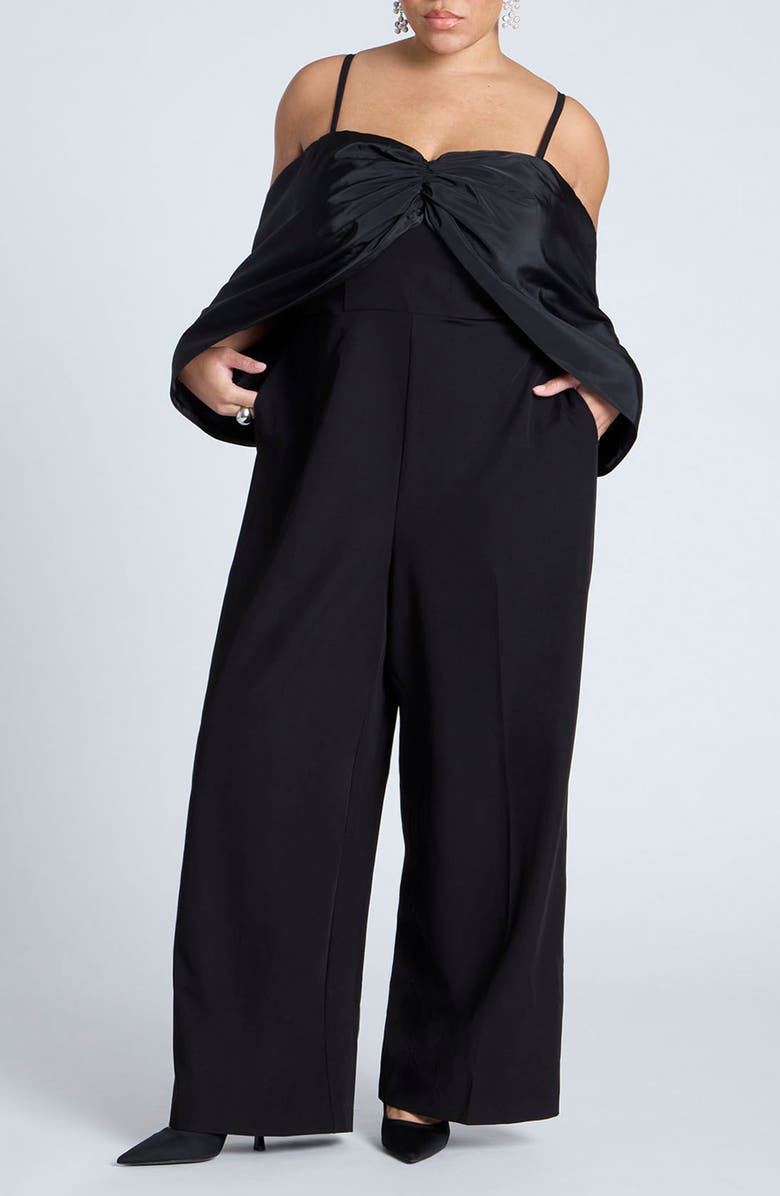 ELOQUII Big Bow Off the Shoulder Wide Leg Jumpsuit, Main, color, 