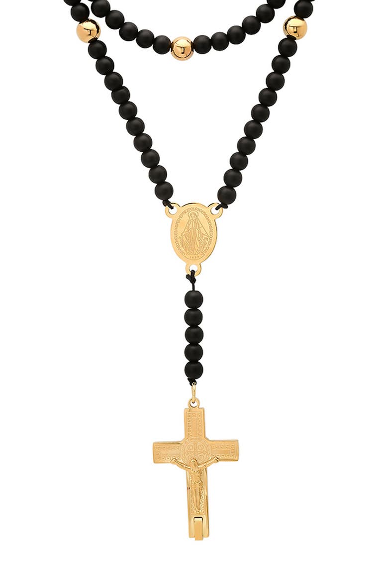 Men's Black Lava Beaded Rosary Necklace, Alternate, color, GOLD/ BLACK