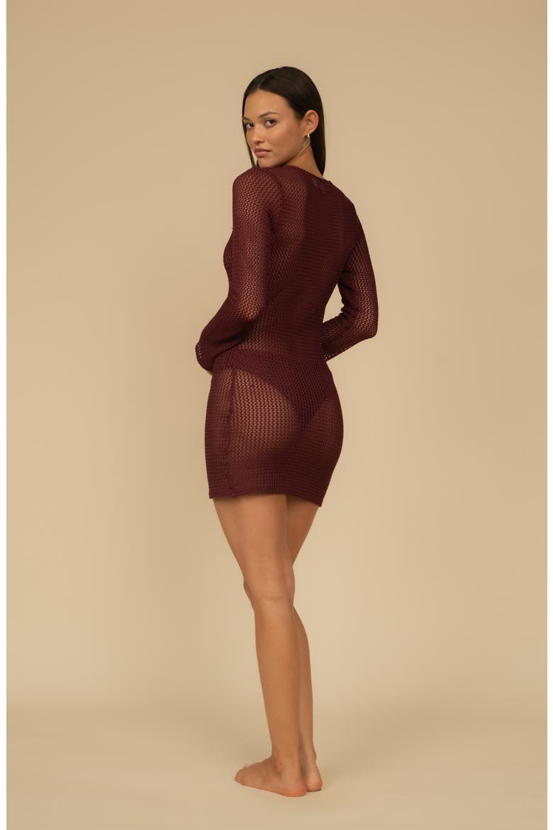 Sophia Long-Sleeve Cover-Up Minidress, Alternate, color, MAROON CROCHET
