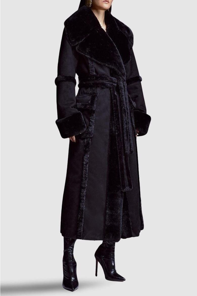 Faux Shearling Belted Maxi Coat, Alternate, color, Black