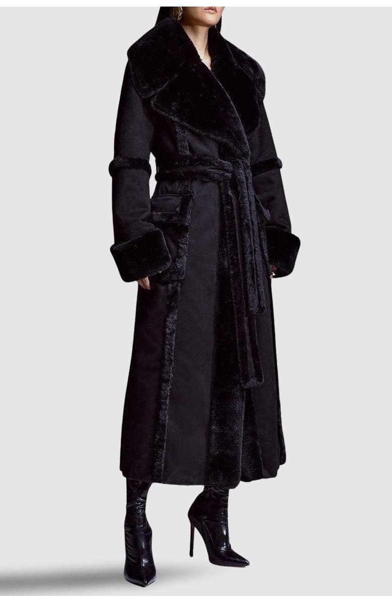 Karen Millen Faux Shearling Belted Maxi Coat, Alternate, color,