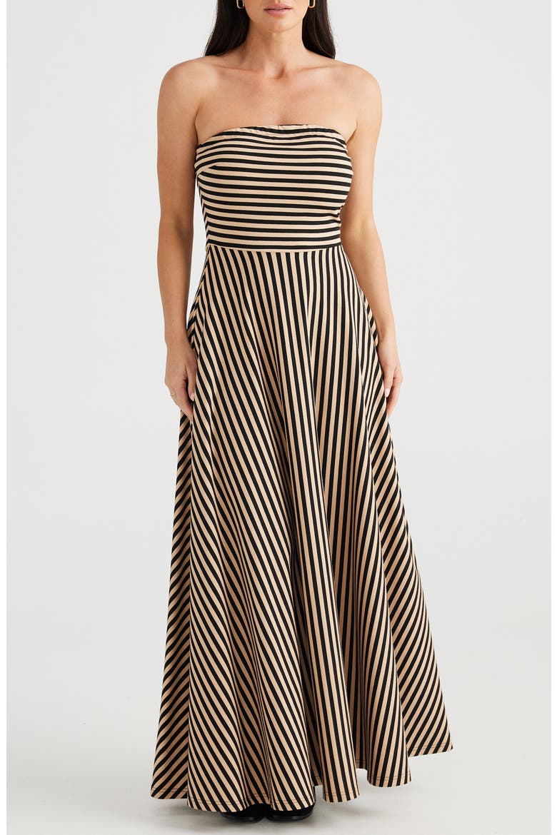 Thandie Stripe Strapless Maxi Dress, Main, color, TAN WITH BLACK STRIPE