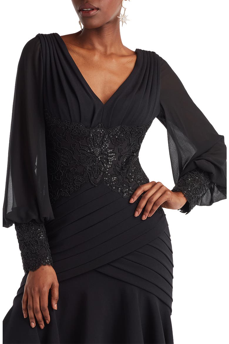 Sequin Lace Detail Long Sleeve High-Low Cocktail Dress, Alternate, color, BLACK