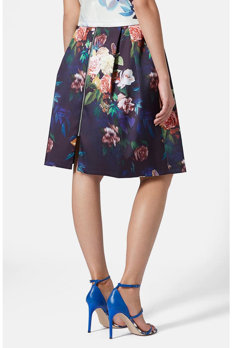 Blur Rose Print Midi Skirt, Alternate, color, NAVY BLUE