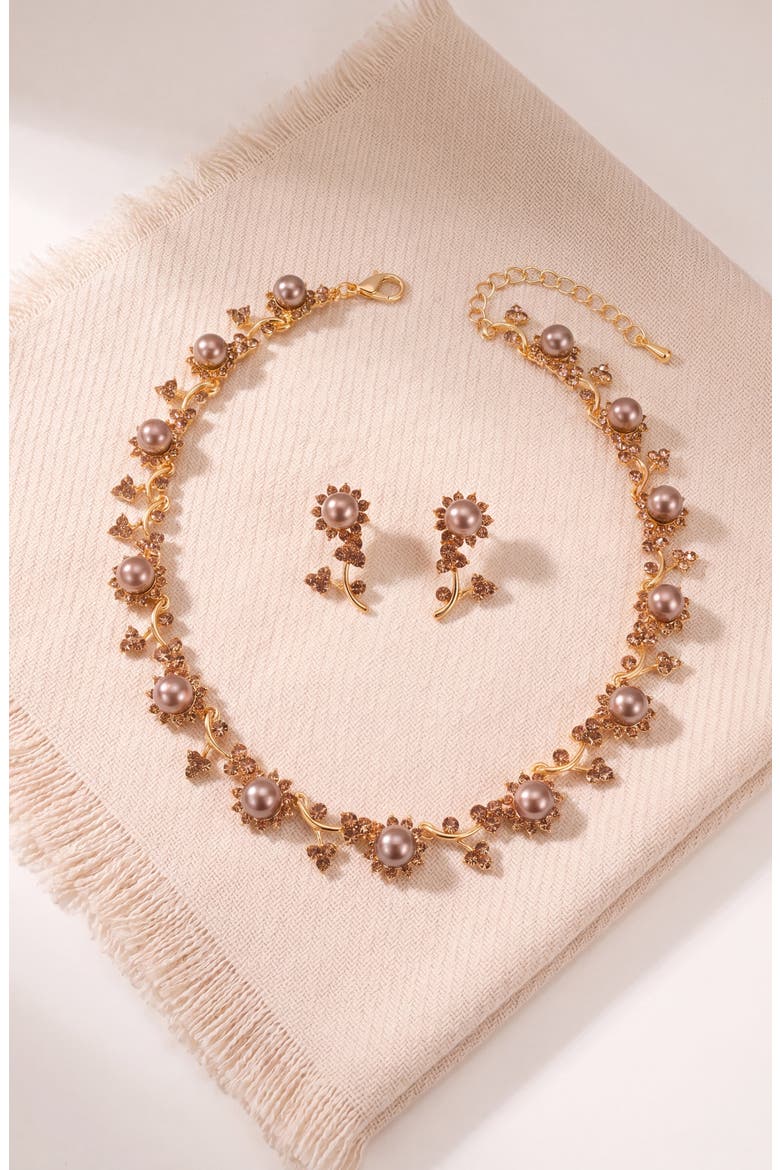 Pearl and Crystal Floral Necklace and Earrings Set, Alternate, color, Gold