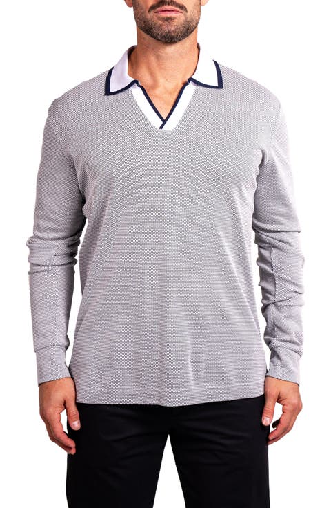Ascension0001 White Johnny Collar Long Sleeve Cotton Polo