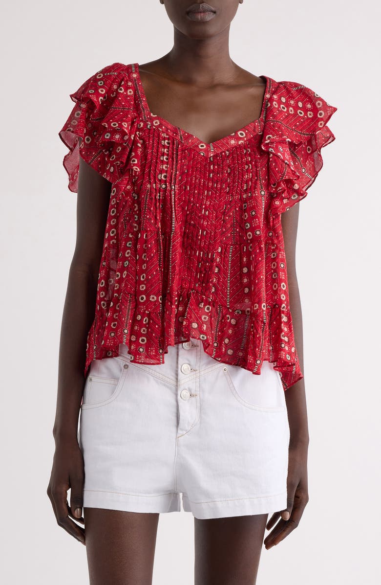 Isabel Marant Étoile Madrana Print Flutter Sleeve Top, Main, color, Red
