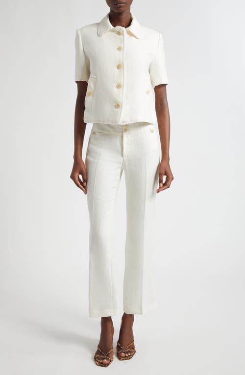 Etro Short-sleeved Cropped Linen Jacket With Pegaso Buttons In White