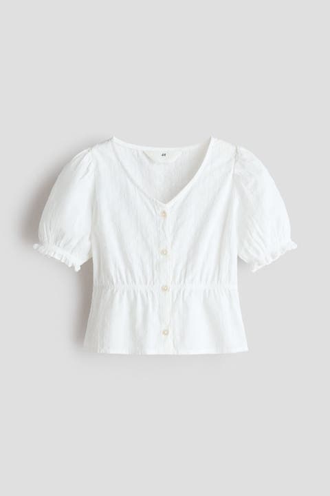 Puff-sleeved Cotton Seersucker Blouse