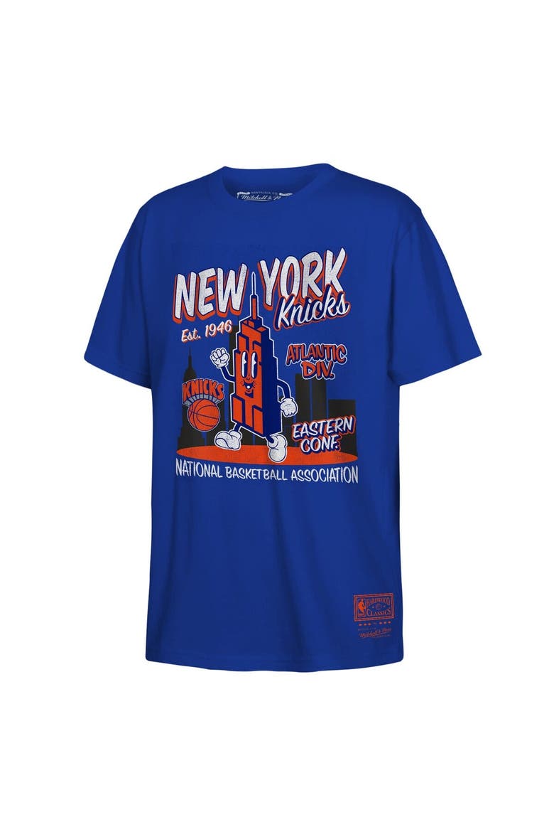Youth Mitchell & Ness Blue New York Knicks Retro Mascot Script T-Shirt, Alternate, color, Blue