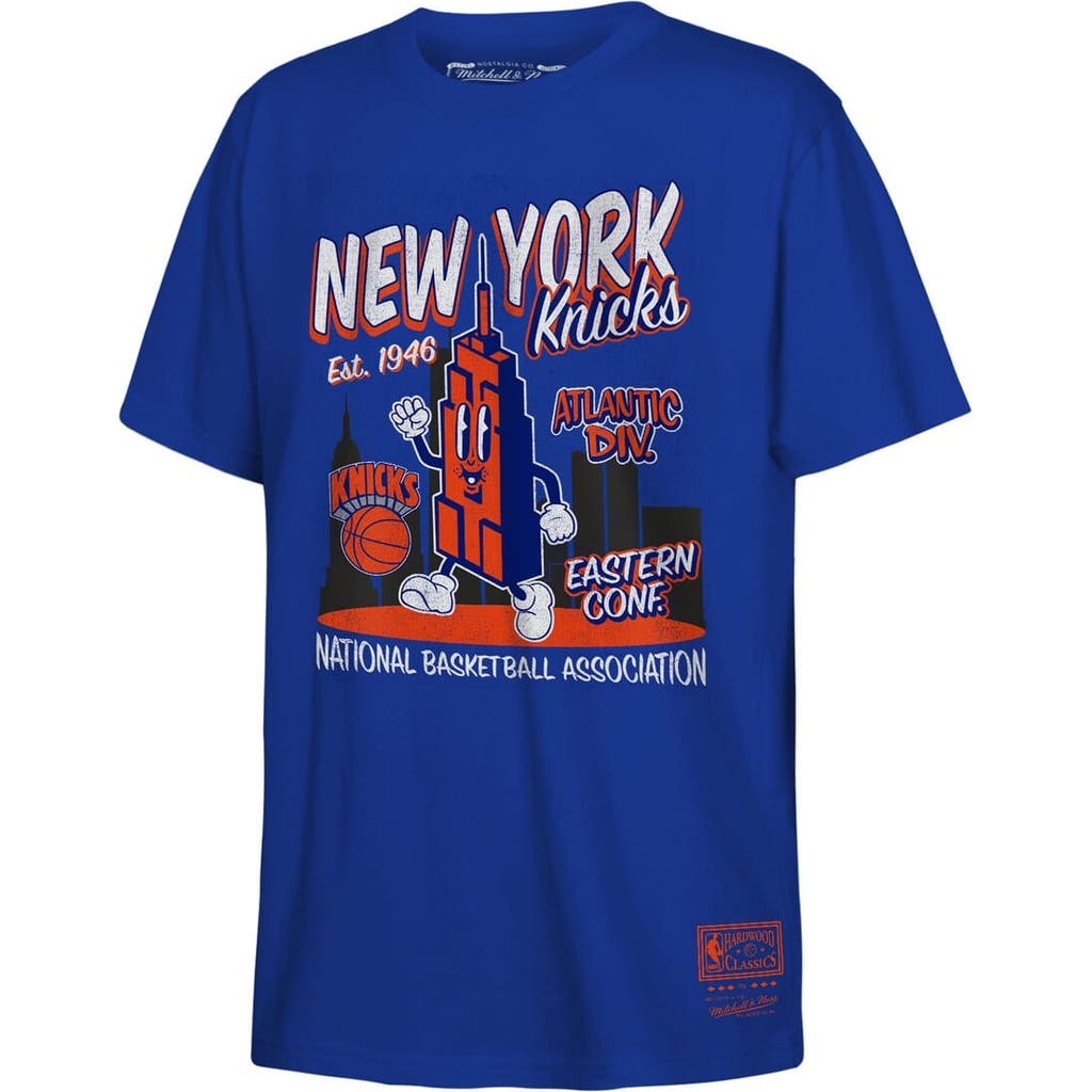 Mitchell & Ness Kids' Youth Blue New York Knicks Retro Mascot Script T-shirt