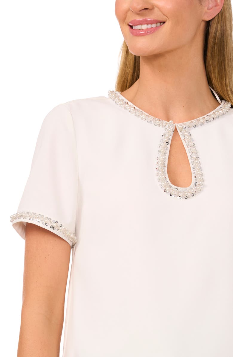 CeCe Rhinestone & Faux Pearl Keyhole Neck Short Sleeve Crepe Top, Alternate, color, New Ivory
