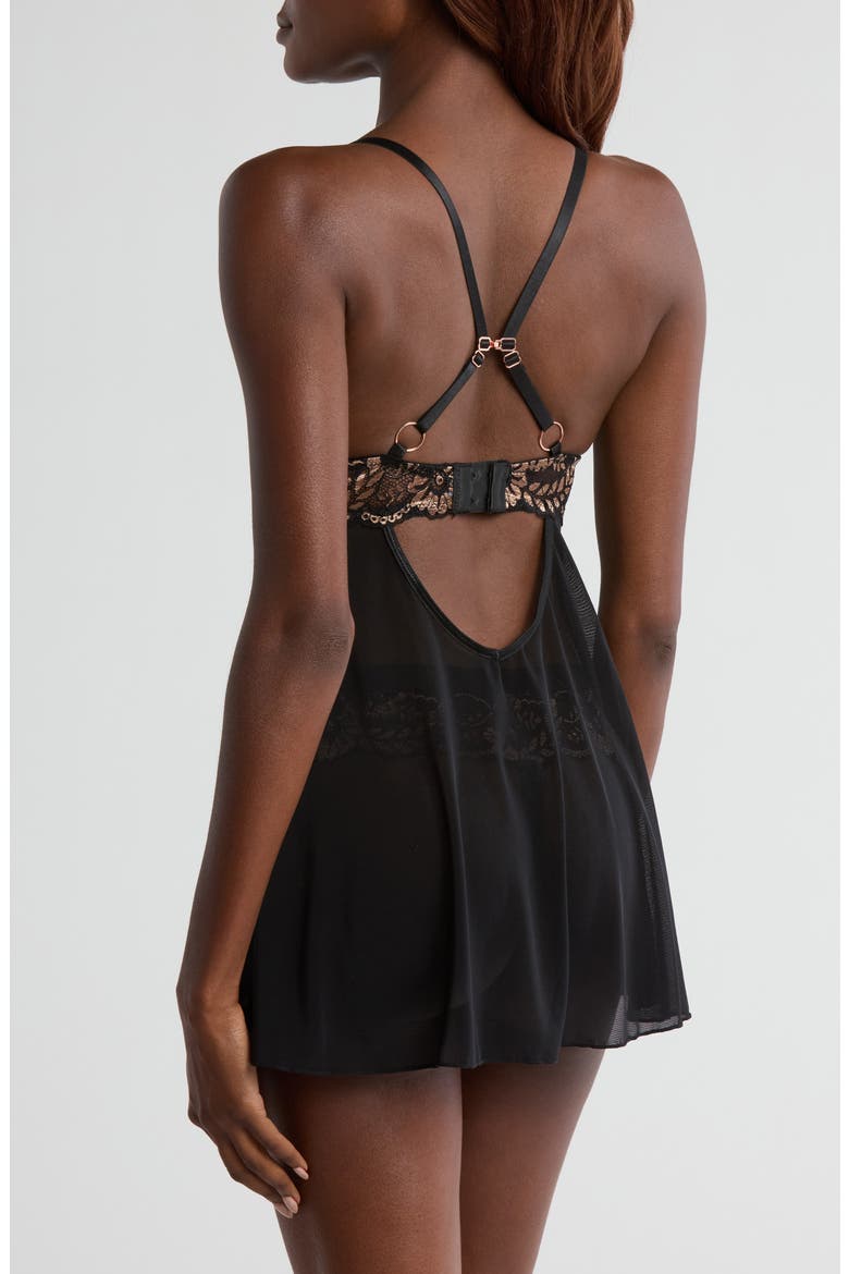 Underwire Babydoll Chemise & Thong Set, Alternate, color, BLACK