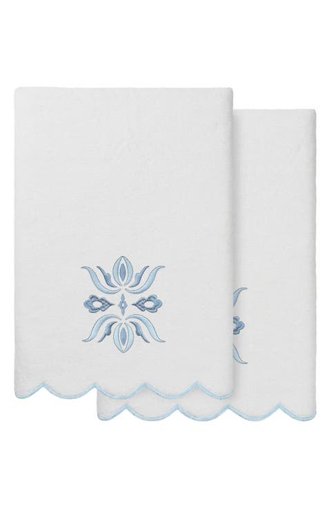 Flower Crest Scalloped Set of 2 Hand Towels